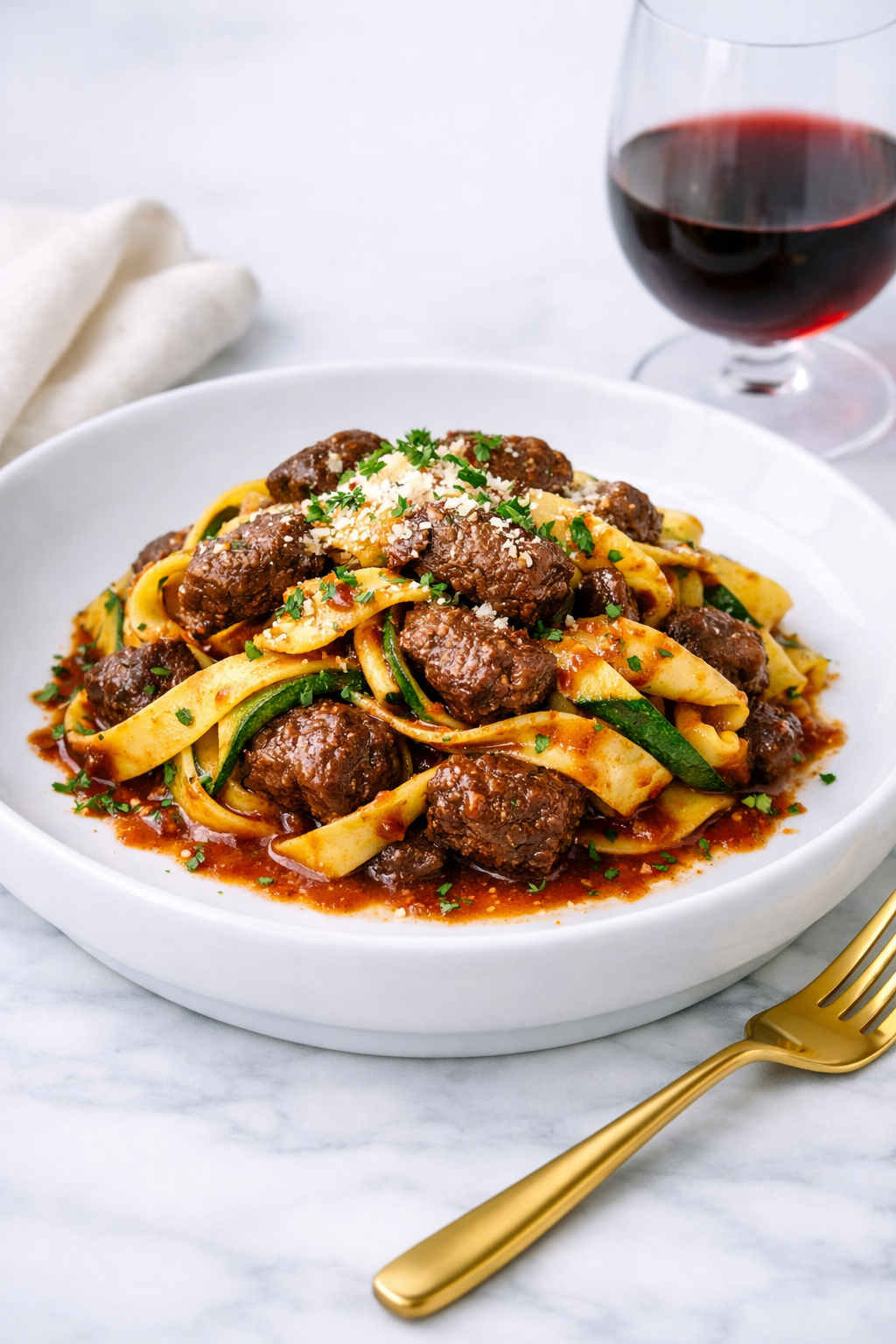 beef and zucchini tagliatelle with tomato balsamic pan sauce fold fork