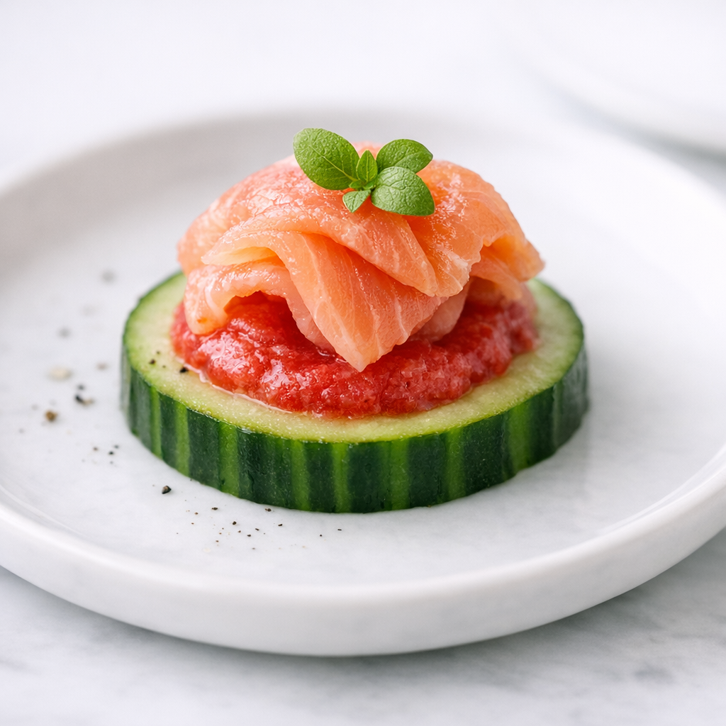 cold smoked salmon on cuccumer with strawberry basil puree