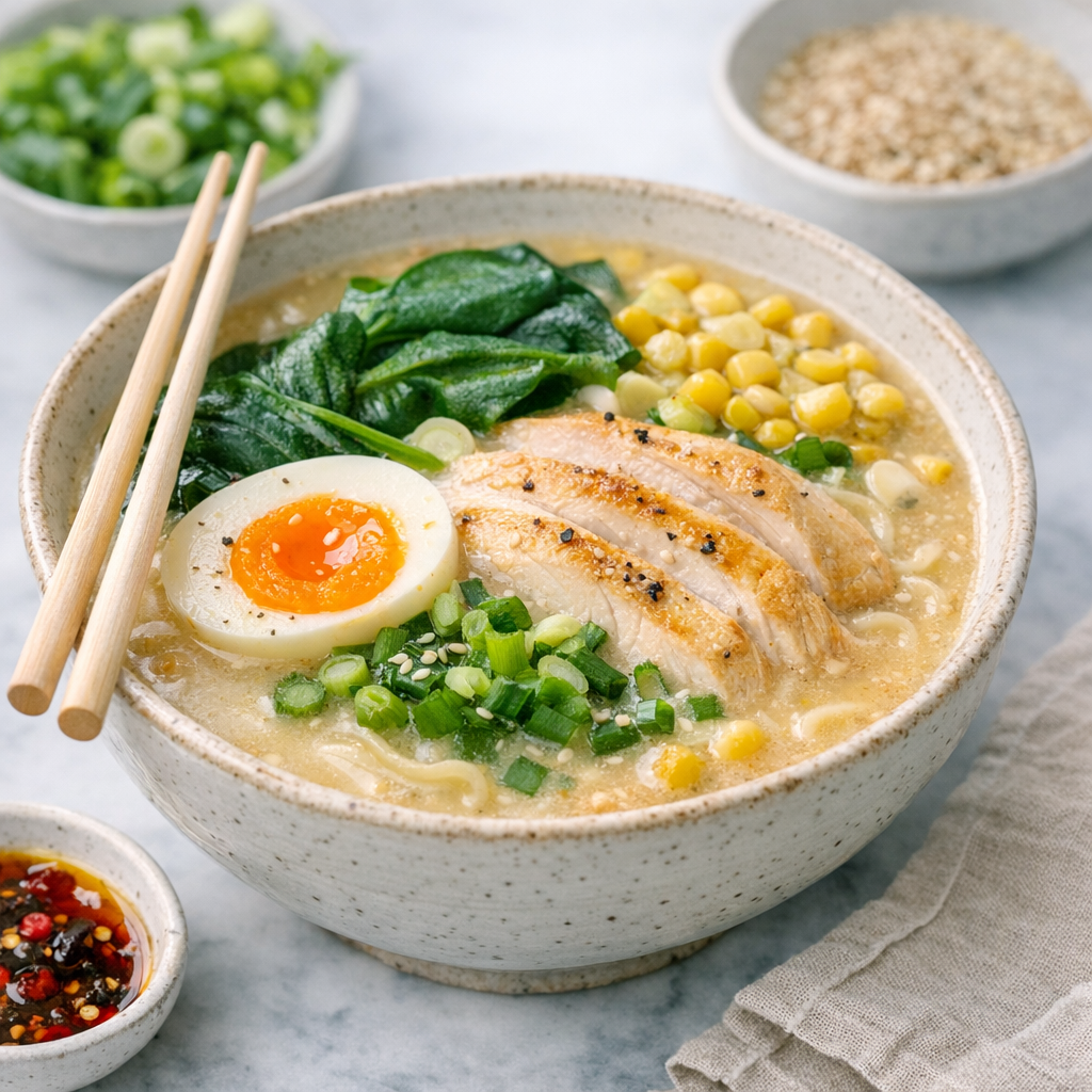 creamy chicken miso ramen bowl