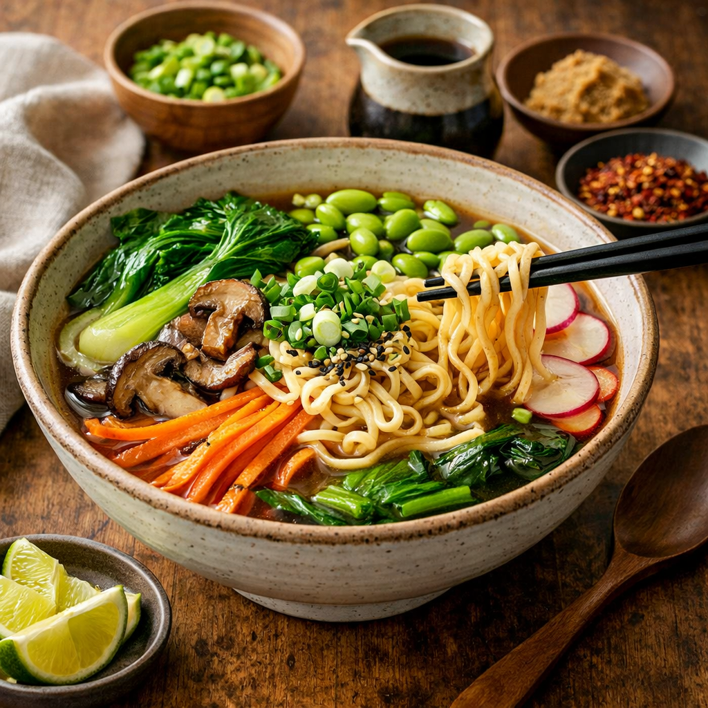 fresh veggie ramen with miso soy sauce