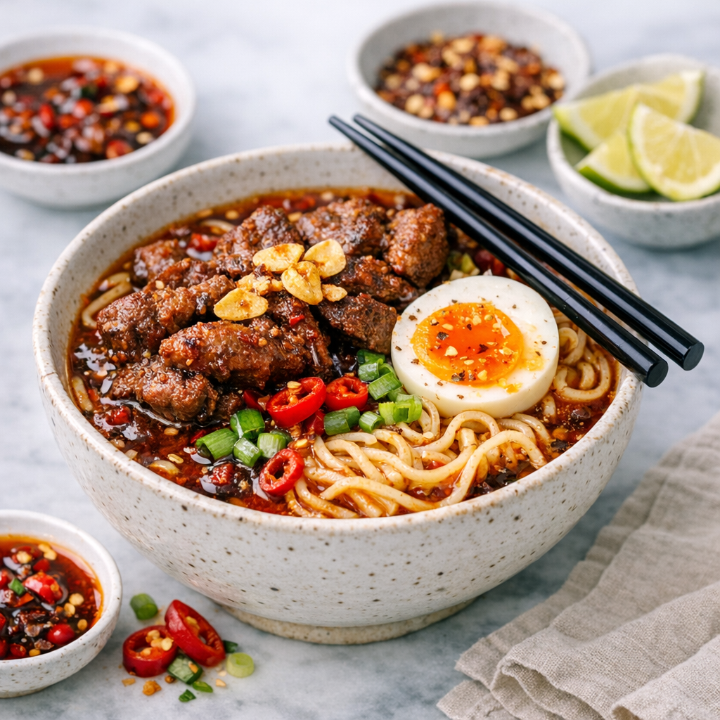 spicy beef ramen with garlic chili oil