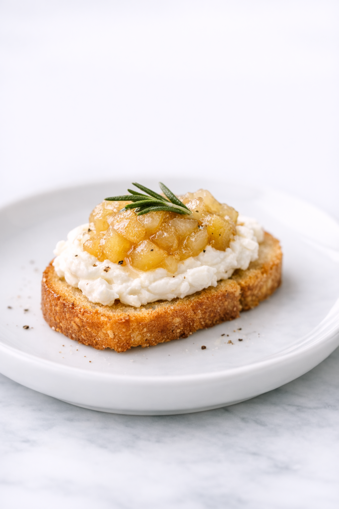 whipped goat cheese with rosemary pear compote on crostini