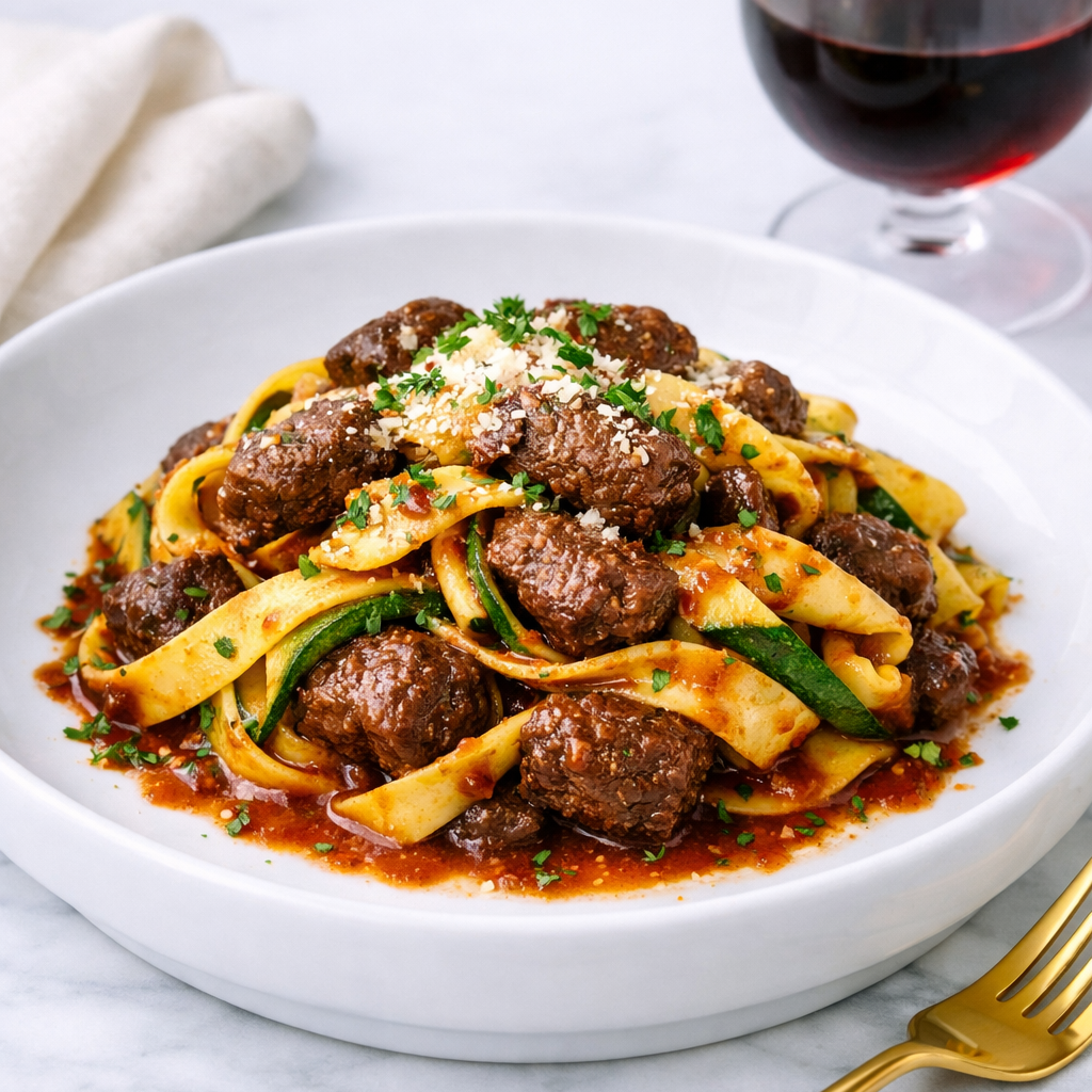 beef and zucchini tagliatelle with tomato balsamic pan sauce fold fork