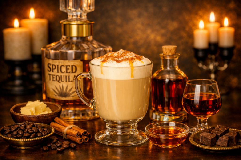 brown butter maple latte with spiced tequila and coffee liqueur