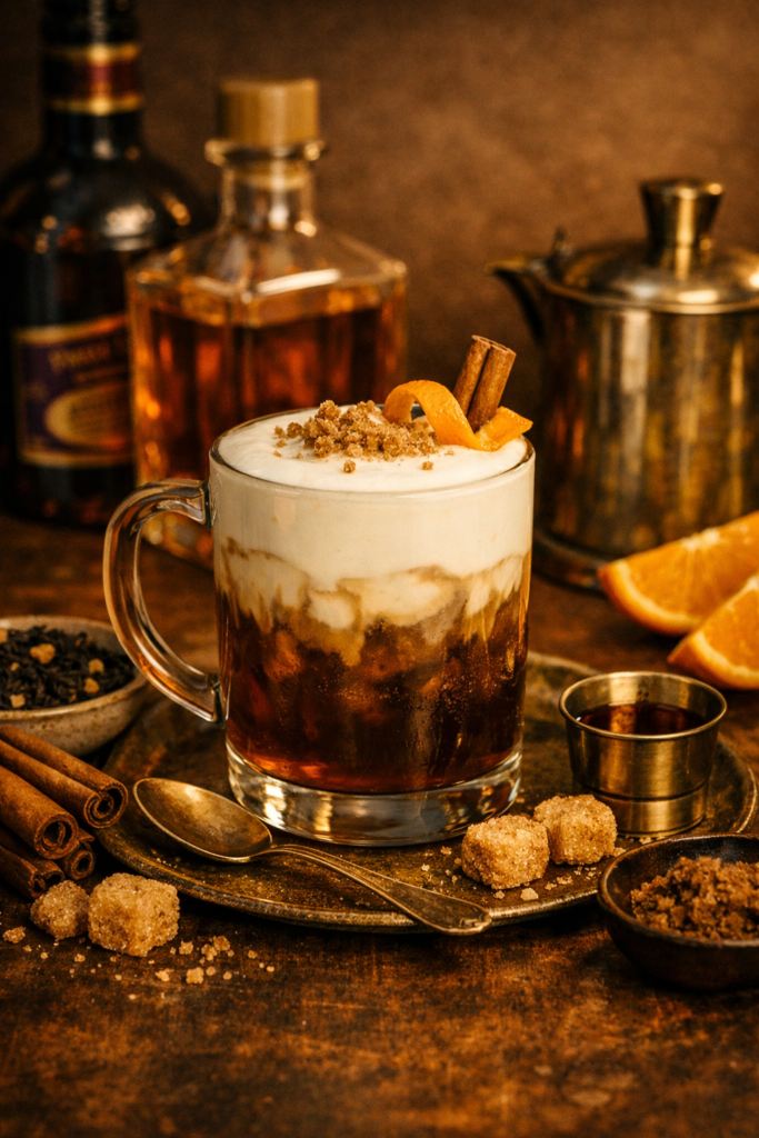 brown sugar oolong latte with spiced rum and orange liqueur