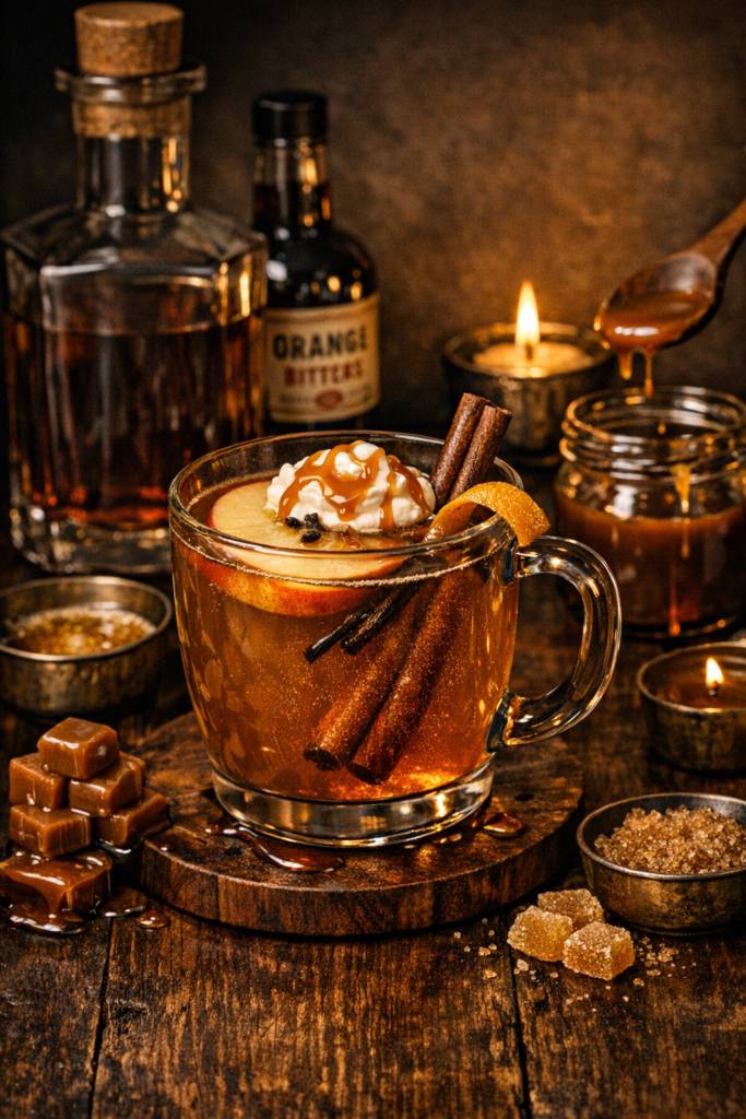 caramel apple cider with spiced tequilla and brown butter