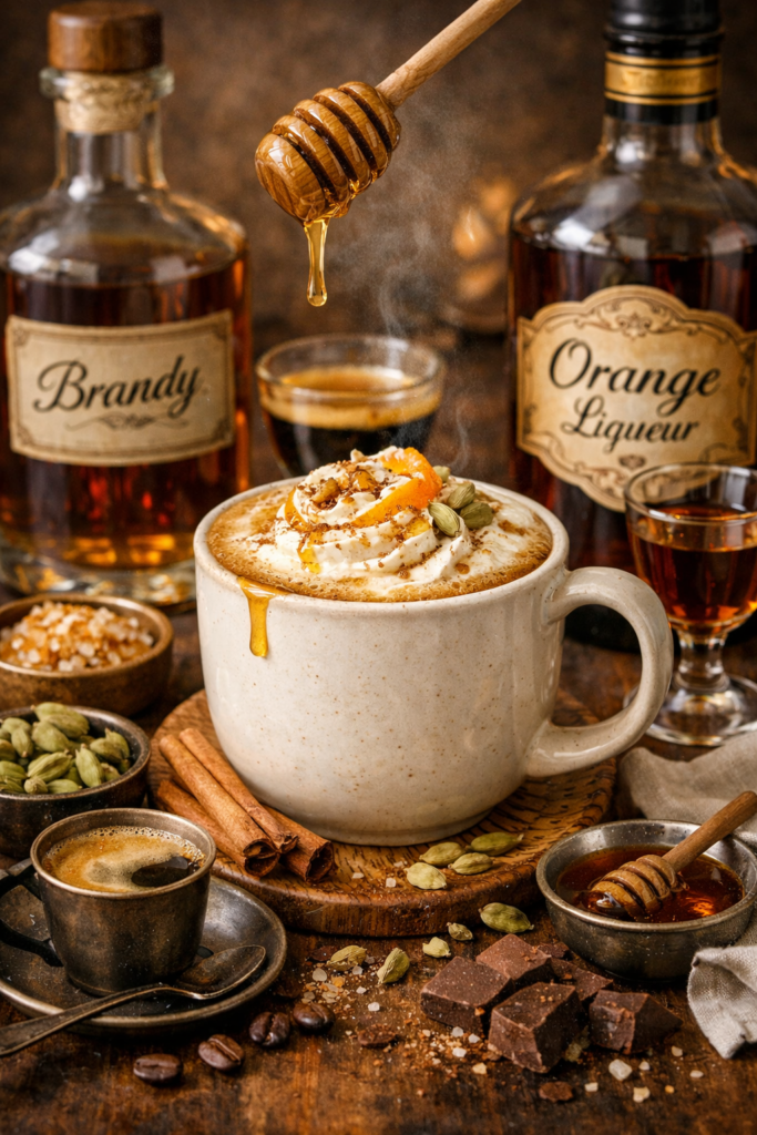 cardamom honey latte with brandy and orange liqueur