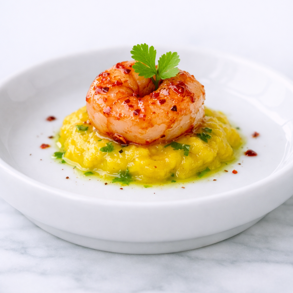 chili honey shrimp with mango cilantro puree