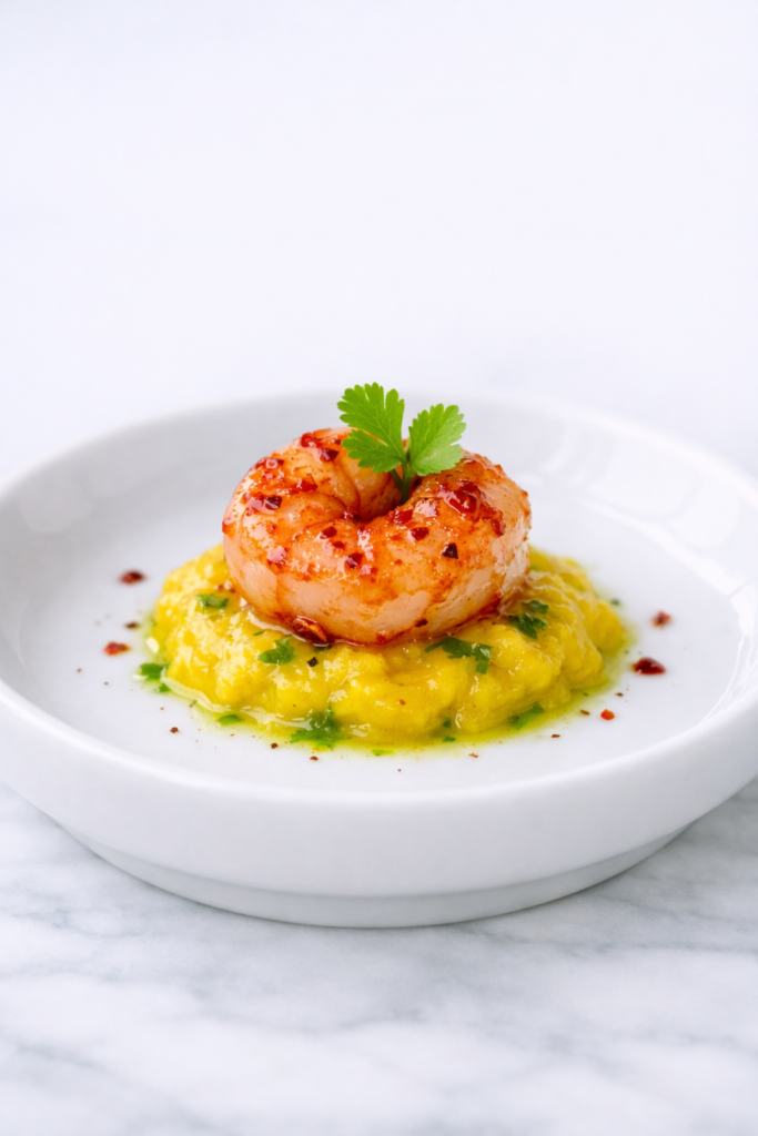 chili honey shrimp with mango cilantro puree