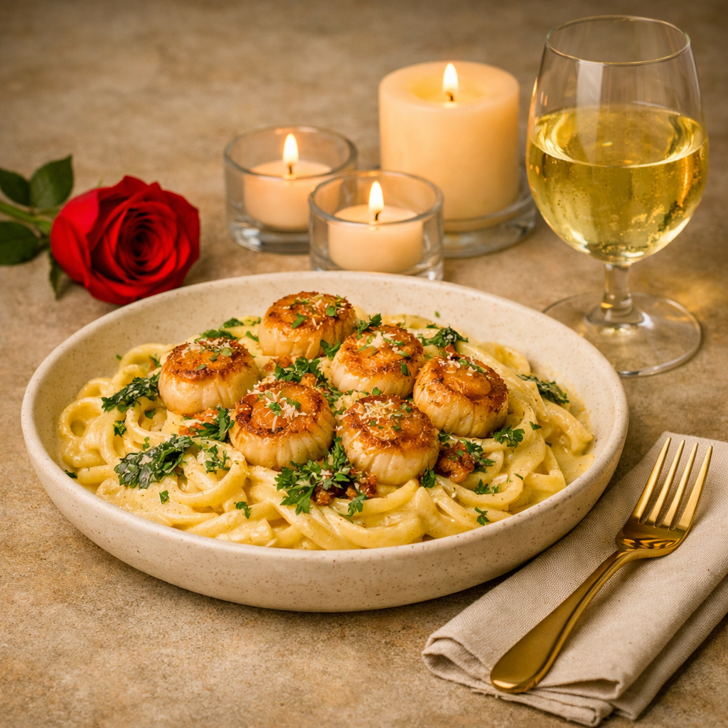 creamy lemon parmesan pasta with seared scallops