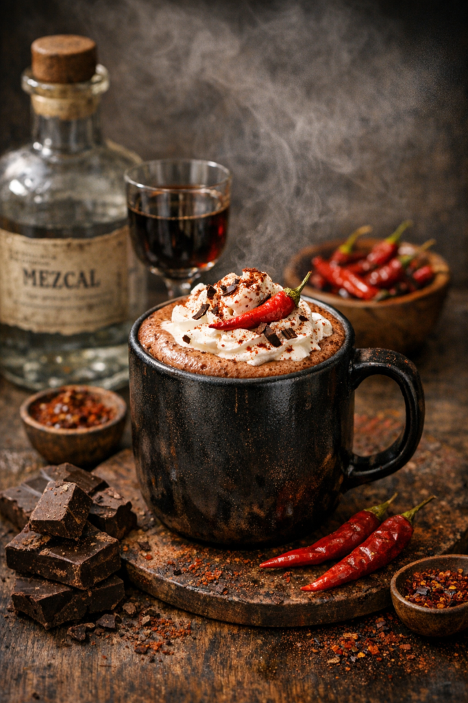 dark chocolate chili hot chocolate with mezcal and chocolate liqueur