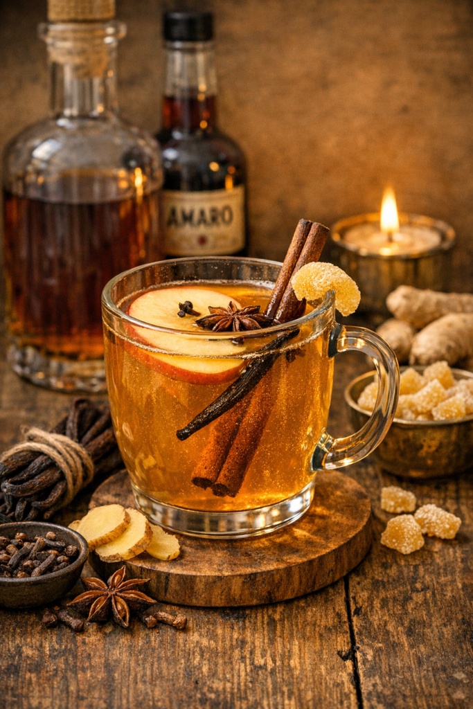 ginger vanilla apple cider with spiced rum and amaro