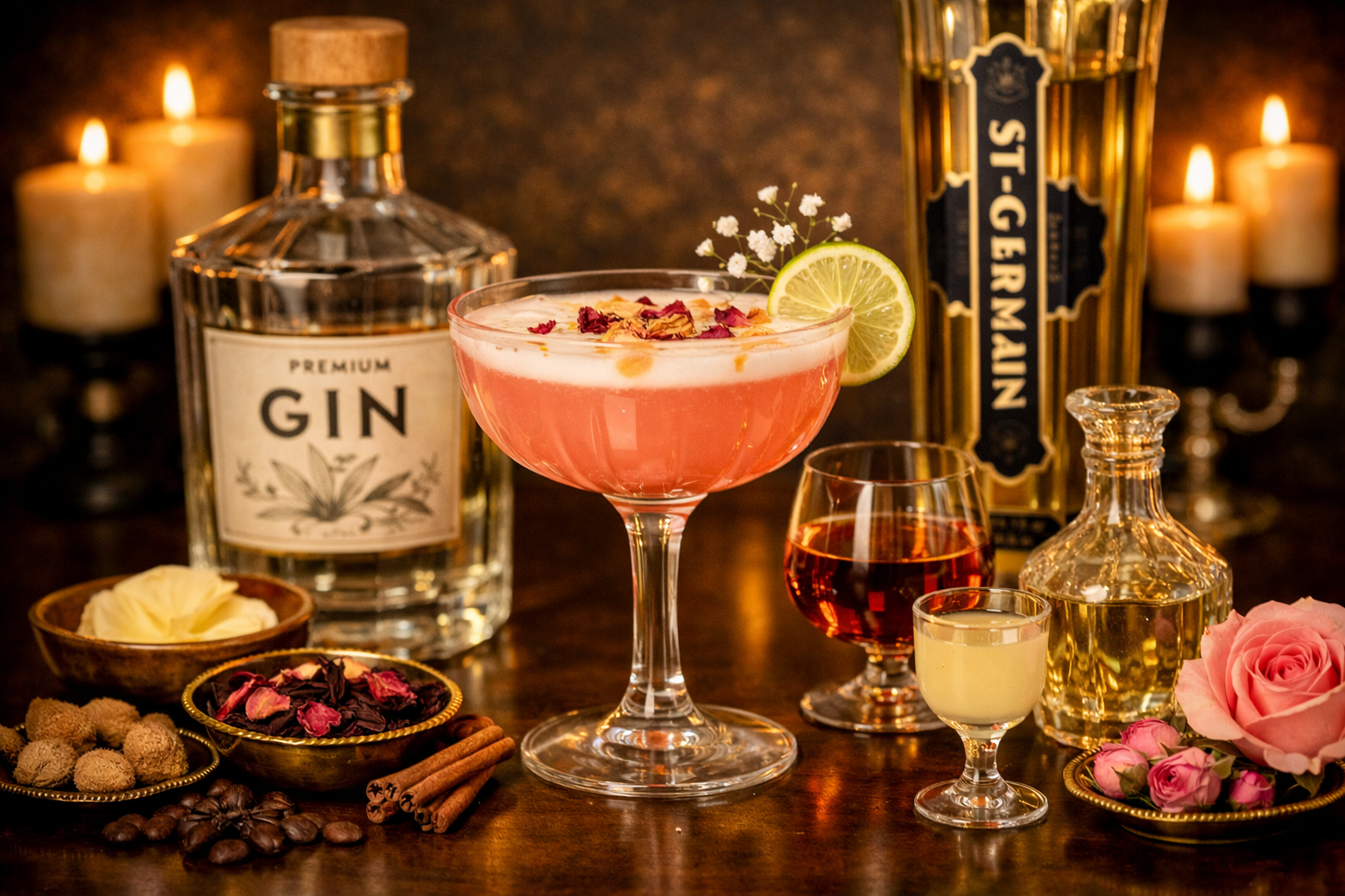 hibiscus rose tea with elderflower liquor and gin