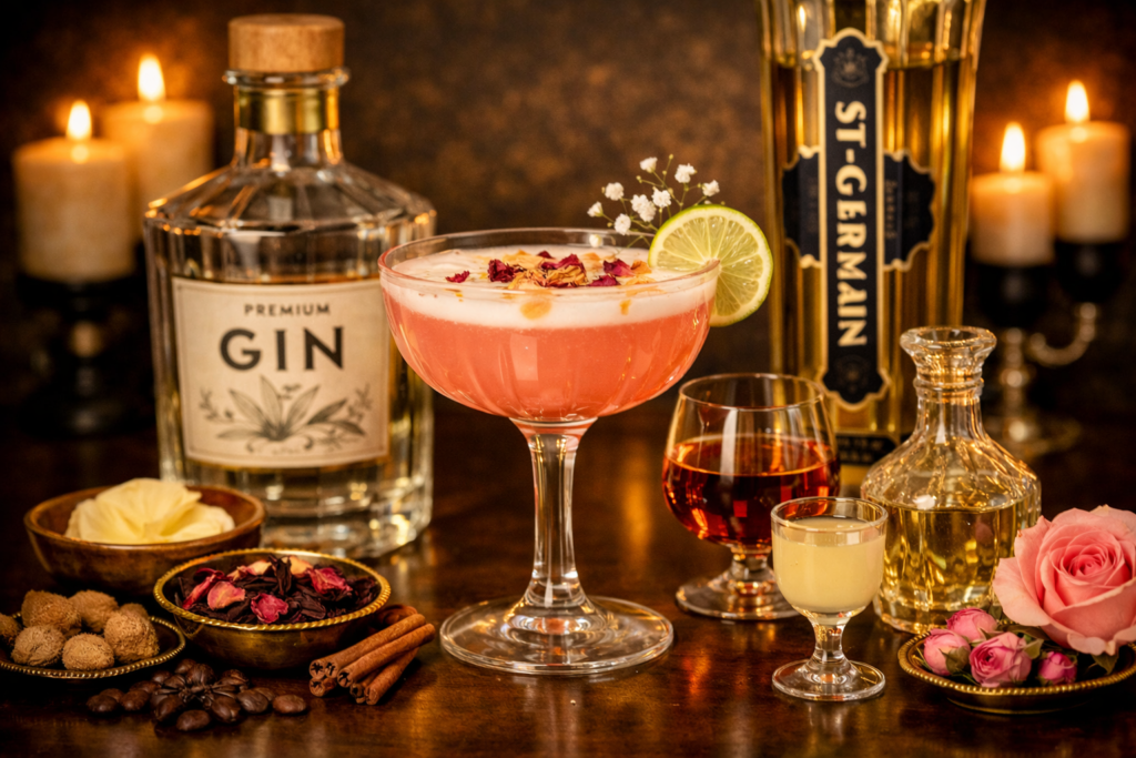 hibiscus rose tea with elderflower liquor and gin