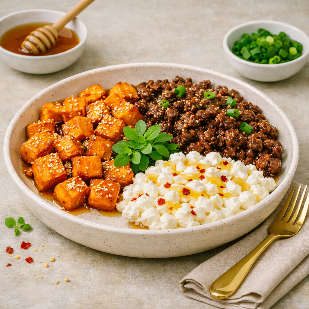 hot honey cottage cheese sweet potato beef bowl