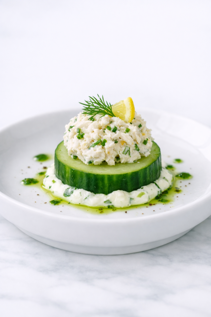 lemon herb crab salad on cucumber with chive oil