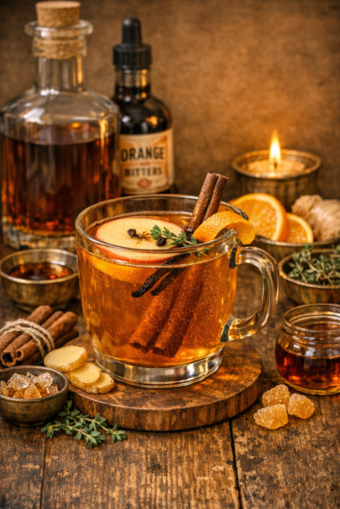 maple thyme apple cider with rye whisky snd orange bitters