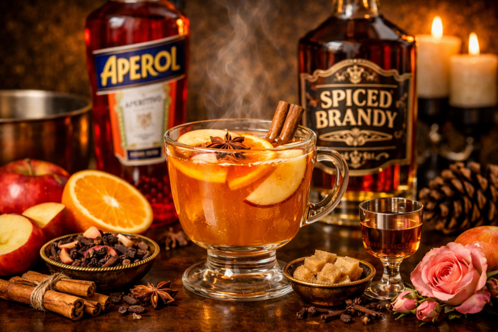 mulled citrus apple cider with aperol and spiced brandy