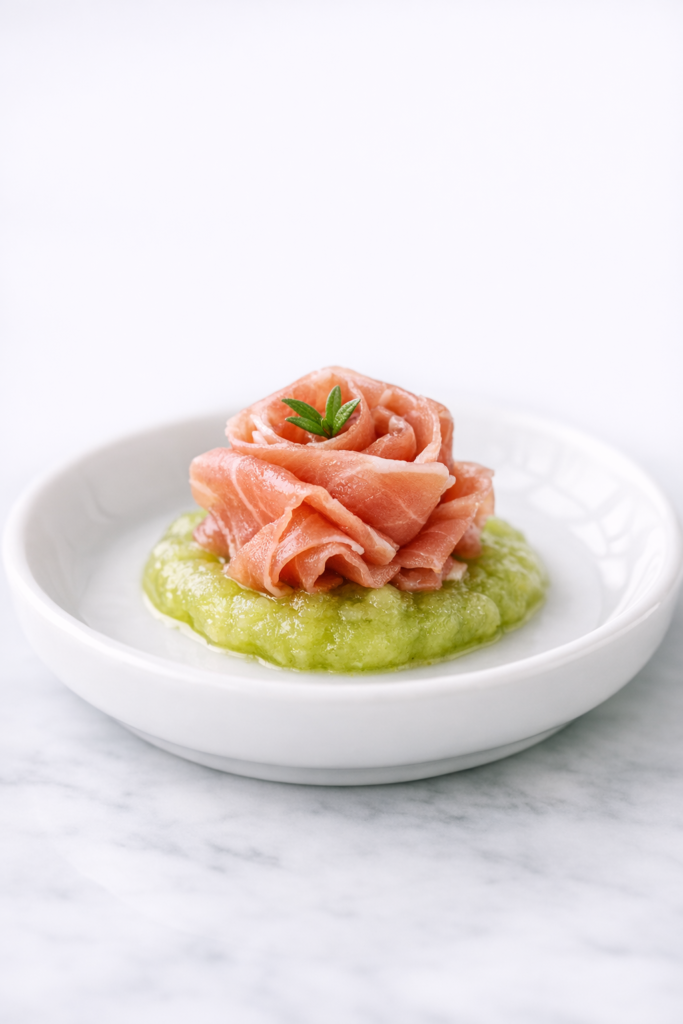prosciutto rosettes with melon tarragon puree
