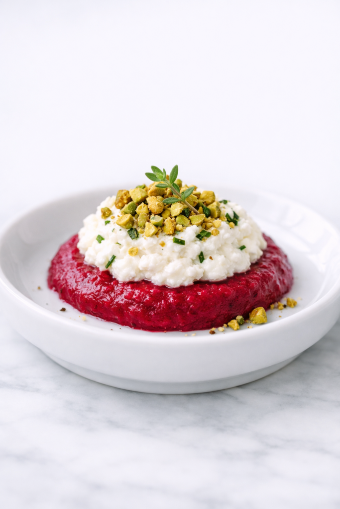 roasted beet & thyme puree with herb ricotta and pistachio