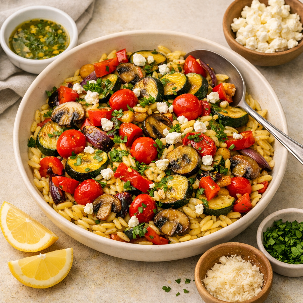 roasted vegetable orzo with lemon herb dressing