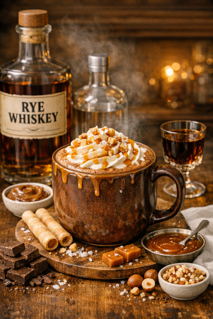 salted caramel hot chocolate with rye whiskey and chocolate liqueur