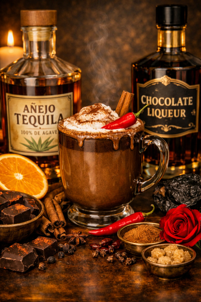 spiced mexican hot chocolate with ancho chili, orange, tequila anejo and chocolate liqueur