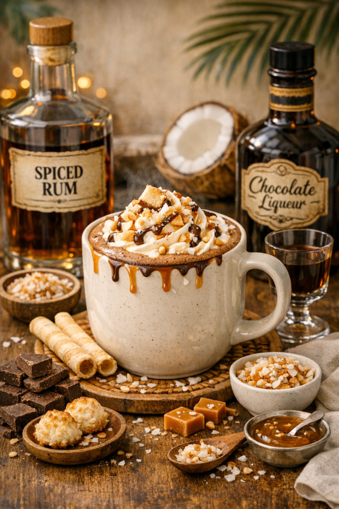 toasted coconut hot chocolate with spiced rum and chocolate liqueur